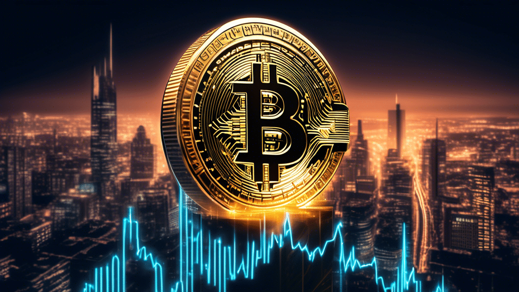 Create a visually compelling image of a golden Bitcoin coin with a price chart showing a dramatic upward surge. The background should feature futuristic cityscape elements illuminated by neon lights,