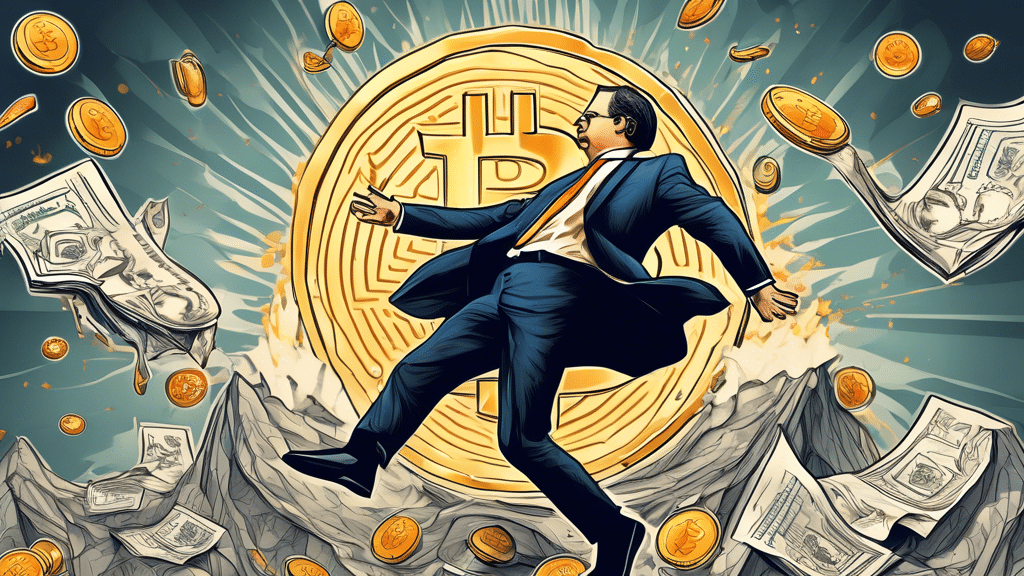 Create a digital illustration depicting Bitcoin tumbling down from a peak, with a symbolic representation of the US Federal Reserve holding it back mid-air. The backdrop should feature a financial gra