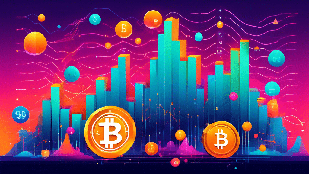Create an image of a towering Bitcoin chart with complex data points and indicators reaching a peak labeled '$94 Trillion'. Surround the chart with a futuristic financial landscape, featuring excited