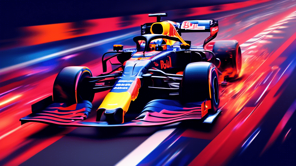 Create a high-octane digital artwork featuring Red Bull Racing's Formula 1 car zooming across the finish line, with an NFT-themed backdrop. Incorporate elements of blockchain imagery, digital art repr