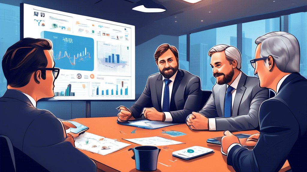 Create an image illustrating a high-profile business meeting in a modern office setting, with the Ripple CEO prominently discussing investment strategies. Include elements such as charts and graphs de