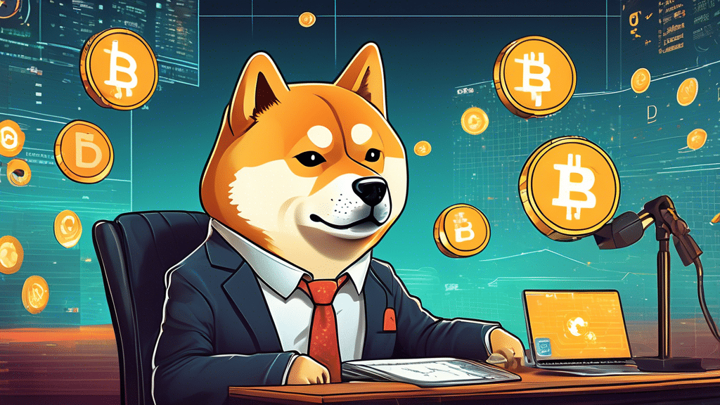 Create a digital illustration featuring the Ripple CEO in a professional setting, sternly addressing Dogecoin, which is symbolized by its Shiba Inu mascot dressed in business attire. The background sh