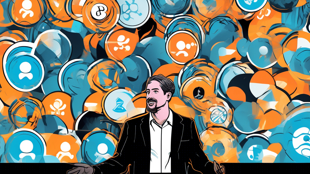 Create an image of Ripple's CTO confidently speaking at a press conference, addressing a crowd with a backdrop featuring the Ripple and XRP logos. The scene should convey a sense of assurance and reso
