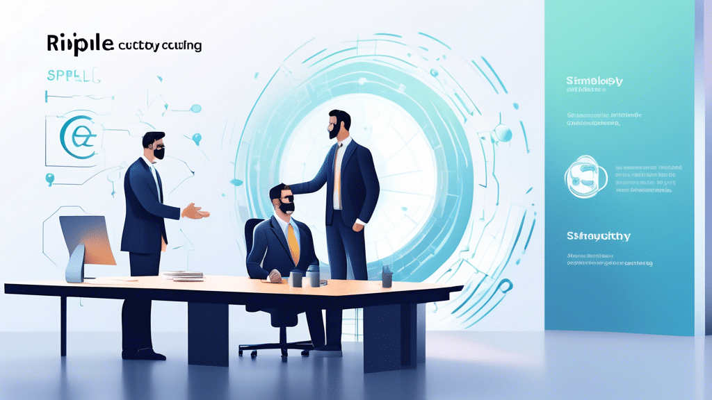 Create an image depicting the key elements of Ripple acquiring Standard Custody and appointing a new head of stablecoin. Show a modern office setting with Ripple's logo prominently displayed, and busi