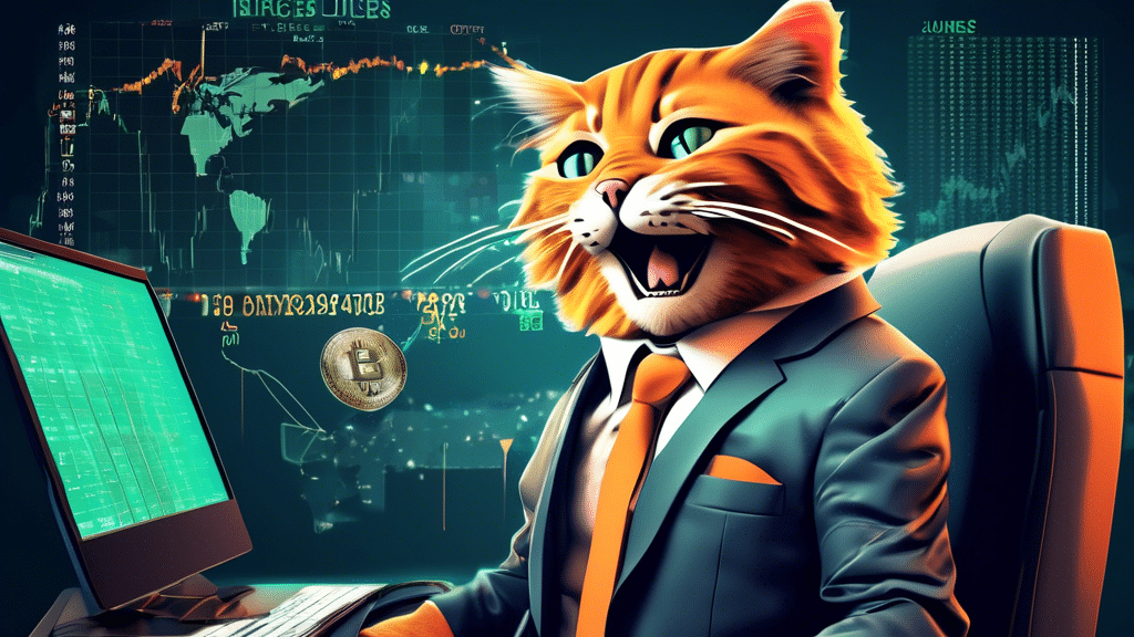 Create an image of a charismatic investor known as Roaring Kitty, dressed in a feline-themed business suit, standing next to a chart showing GME stock soaring to $1 billion. In the background, a rocke