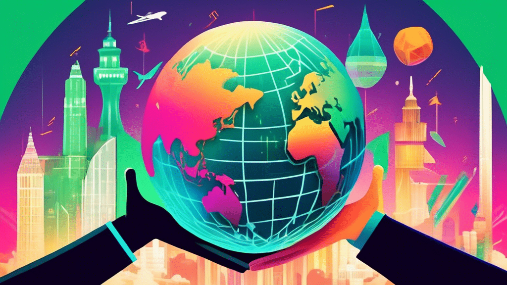 Create an image showing Robinhood's logo shaking hands with Bitstamp's logo over a digital globe with various international landmarks, symbolizing a strategic partnership for global expansion. The bac