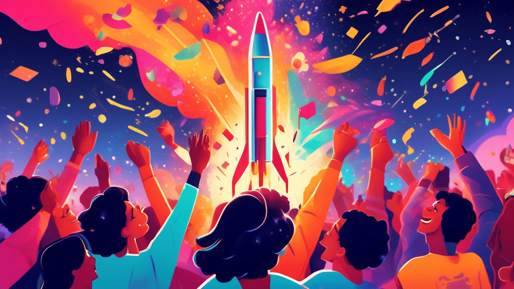 Create a vibrant and energetic digital illustration capturing the excitement of the Solana memecoin 'GME' surging by 150%. Depict a rocket labeled 'GME' soaring upward against a starry background, sym