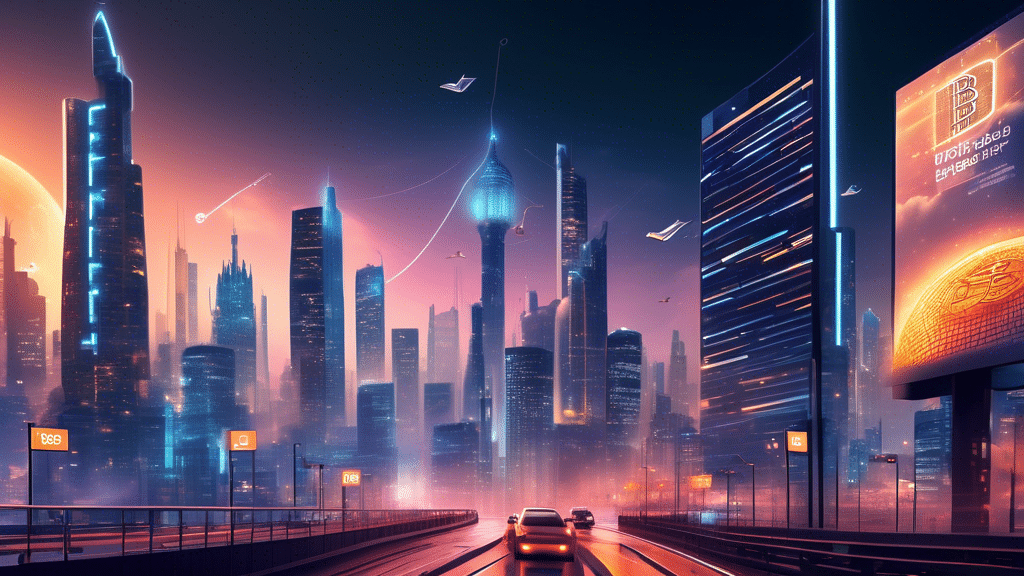 Create an image of a futuristic cityscape in 2025 with a prominent digital billboard graph showing Bitcoin's fluctuating price over time, highlighting an unexpected all-time high in March 2025. The sc