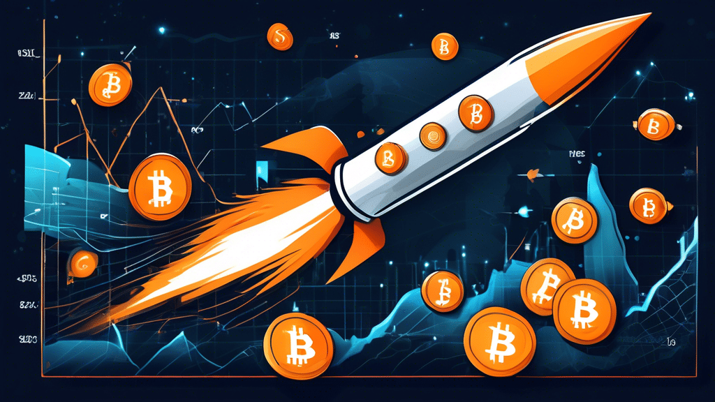 Create a detailed illustration showcasing Bitcoin represented as a rocket charting the same path as the traditional stock market, both ascending in value. The Bitcoin rocket should display a 2.5% incr