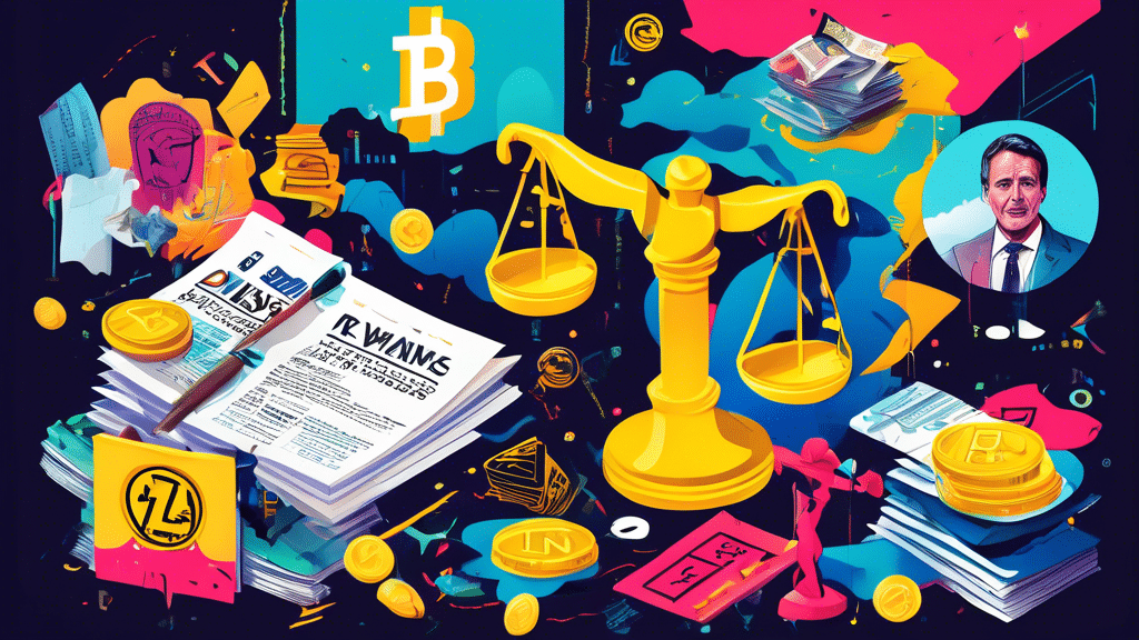 Create a vibrant collage-style illustration featuring key elements from the news: a gavel and scales of justice symbolizing the legal action against CZ and Binance, a campaign halt sign next to RFK Jr