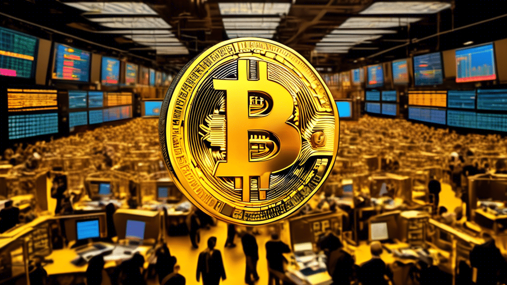 Create an image of a golden Bitcoin symbol standing still in the middle of a busy, bustling stock market trading floor. Traders are in motion all around, with a variety of colorful price charts, monit
