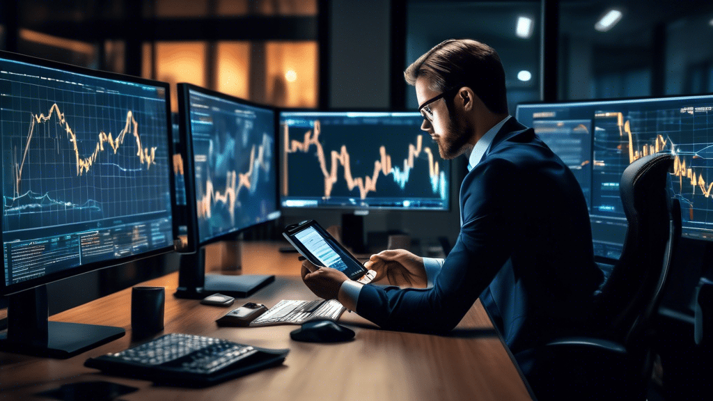 Create an image depicting a financial analyst in a modern office setting, examining Bitcoin charts on multiple computer screens. The screens show Bitcoin's price movements, highlighting a crucial deci