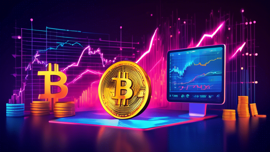 Create a digital illustration of a financial market scene with a rising Bitcoin chart in the background. In the foreground, show symbols for XRP, TAO, RUNE, and SEI with vibrant, upward-moving arrows