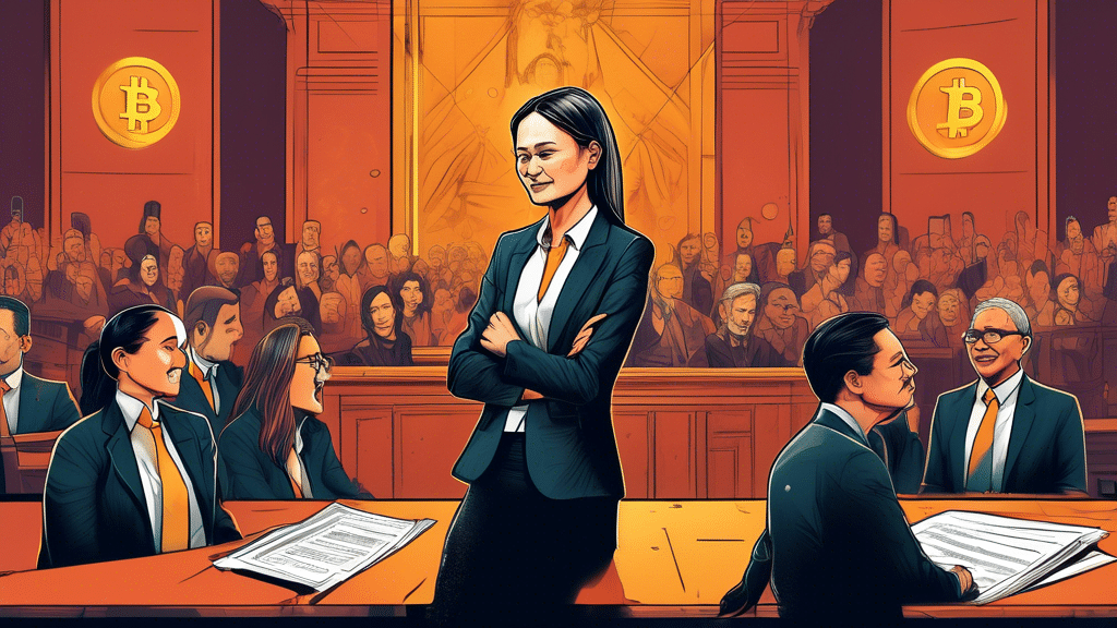 Create an illustration showing a split screen with two contrasting scenes. On one side, depict Binance CEO CZ being acquitted in a courtroom with a relieved expression and lawyers celebrating. On the