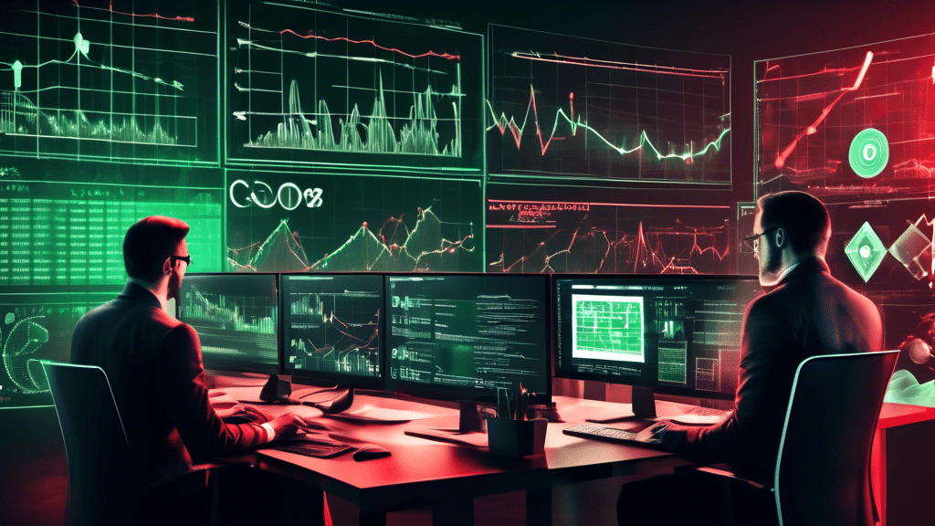 Create an image portraying a confident, analytical team of experts examining financial charts and data on multiple computer screens. In the background, include elements of blockchain and cryptocurrenc