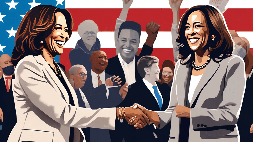 Generate an image depicting a dynamic scene where Kamala Harris, dressed in professional attire, is shaking hands with the Ripple Co-Founder against a backdrop of bustling campaign activity. The setti