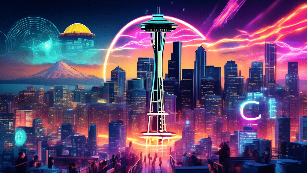 Create an image of a futuristic Seattle skyline blending iconic landmarks like the Space Needle with elements of cryptocurrency, including digital coin symbols and blockchain networks. Show a vibrant,