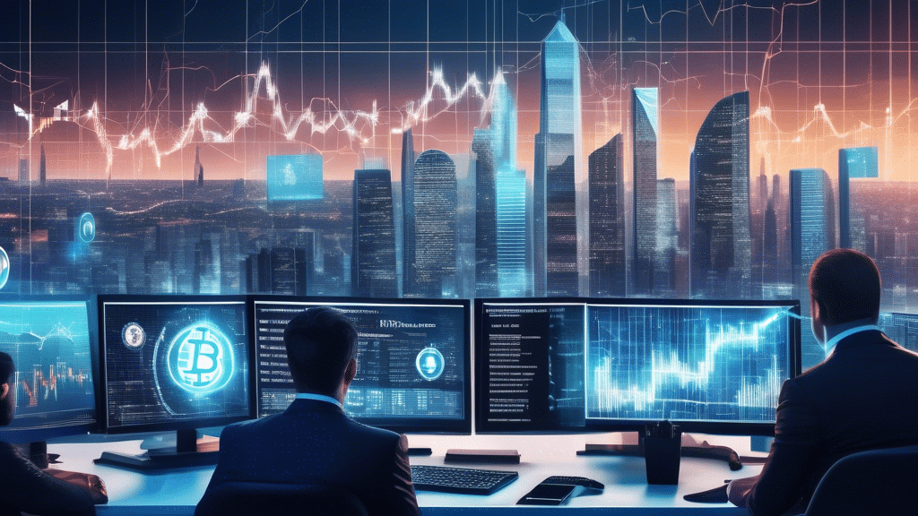 Create an image of a futuristic cityscape with digital financial graphs and charts overlaying the skyline. In the foreground, a giant Bitcoin symbol is resetting like a clock, with analysts in suits o