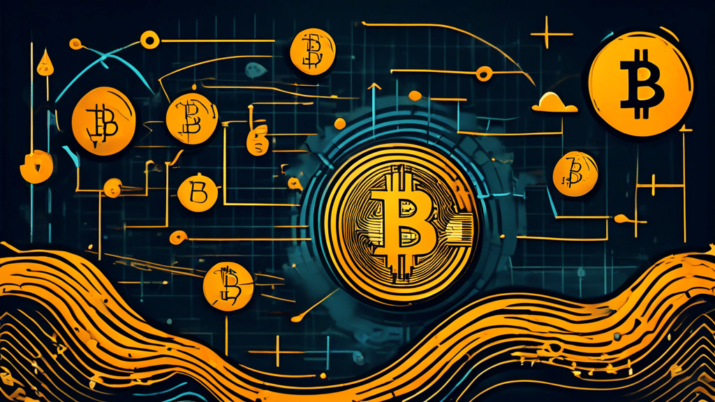 Create an image depicting a graph with fluctuating lines showcasing the Bitcoin price at $64K, surrounded by symbolic imagery representing market instability and factors affecting cryptocurrency price