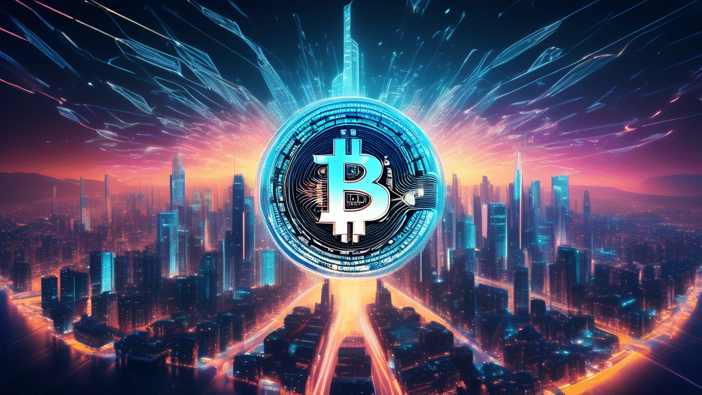 Create an image of a futuristic digital financial landscape with a giant, glowing Bitcoin emblem towering in the center, symbolizing its surge past $62,000. Surround it with smaller, shimmering logos