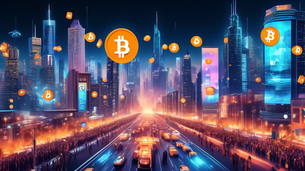 Create an image of a futuristic cityscape with digital billboards and ticker displays showing the current price of Bitcoin surpassing $150K. Incorporate elements like glowing cryptocurrency symbols ho