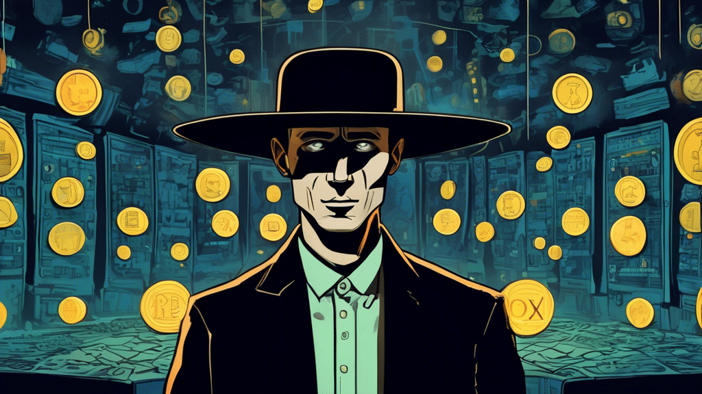 Create a digital illustration for a magazine cover titled Hodler’s Digest, Oct. 6 – 12. In the foreground, depict a mysterious figure with a dimly lit face resembling Peter Todd, as seen under stage l