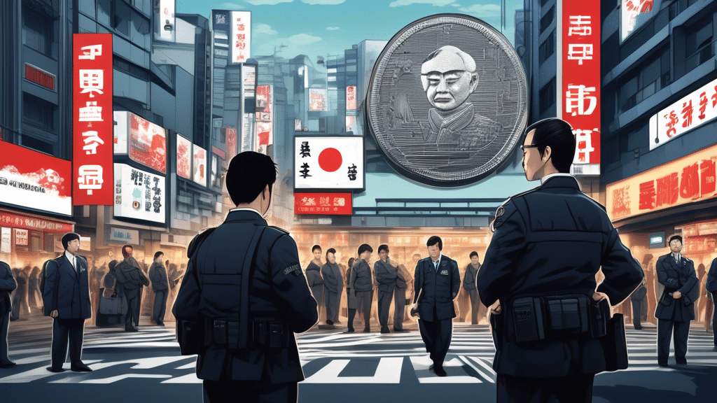 Create an image depicting a bustling urban scene in Tokyo, with a prominent billboard featuring Japan's Prime Minister holding a cryptocurrency symbol. In the foreground, portray a journalist looking