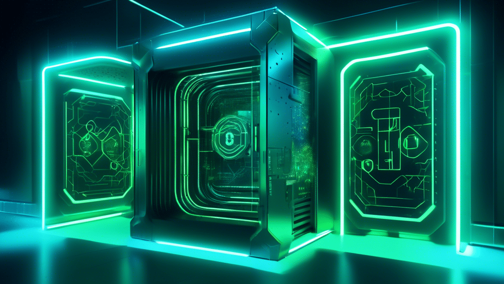 Create an image of a futuristic digital vault in a high-tech facility, representing Ripple's new institutional-level crypto custody solution. The vault should be glowing with blue and green neon light