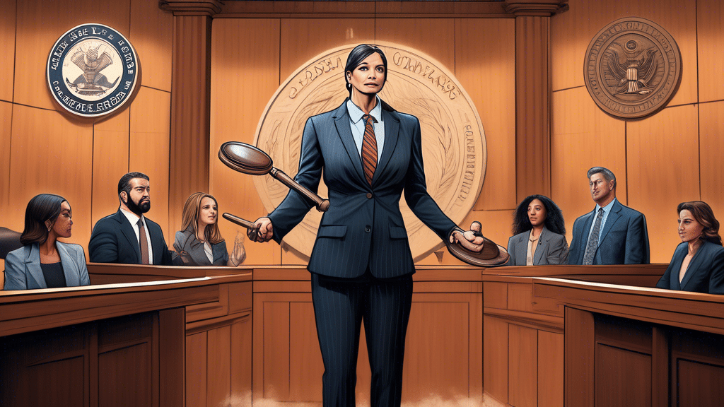 Create an image of a determined and assertive legal professional standing in a courtroom, holding a large gavel. They are pointing toward a backdrop featuring the logos of Ripple Labs and the US Secur