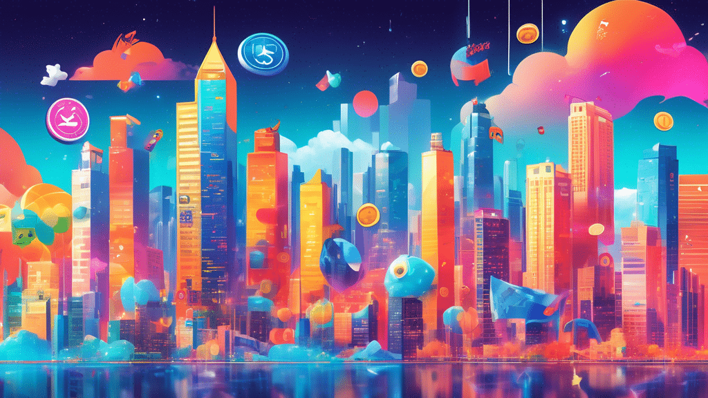 Create an artistic representation of a bustling digital cityscape symbolizing the SUI ecosystem. The scene features an upward trending graph in the sky, representing a 115% growth, and coin-like chara