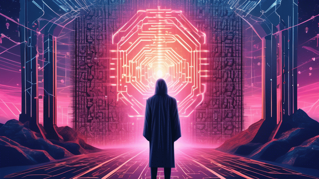 Create a futuristic, digital illustration featuring a mysterious figure representing Satoshi Nakamoto, cloaked in intricate binary codes and blockchain symbols, standing at a virtual crossroads. One p